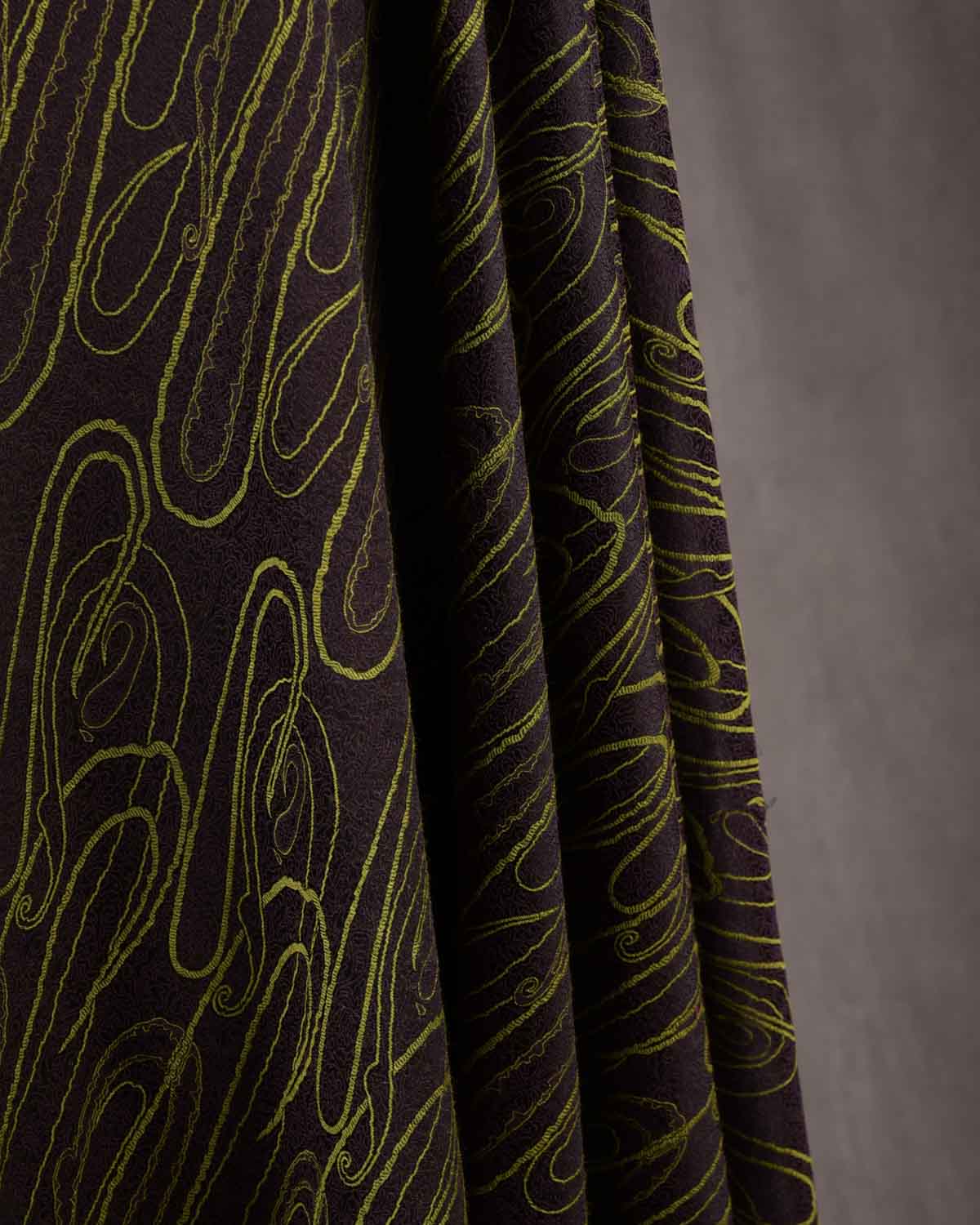 Olive Brown Paisley Satin Tanchoi Handwoven Silk Wool Banarasi Shawl-HolyWeaves