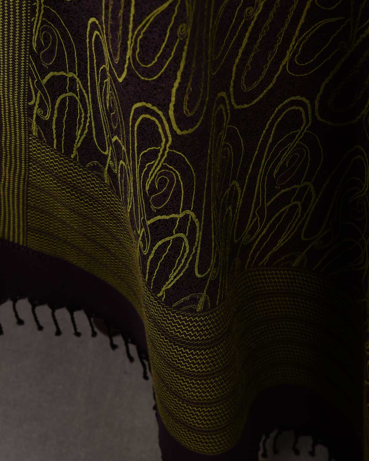Olive Brown Paisley Satin Tanchoi Handwoven Silk Wool Banarasi Shawl-HolyWeaves