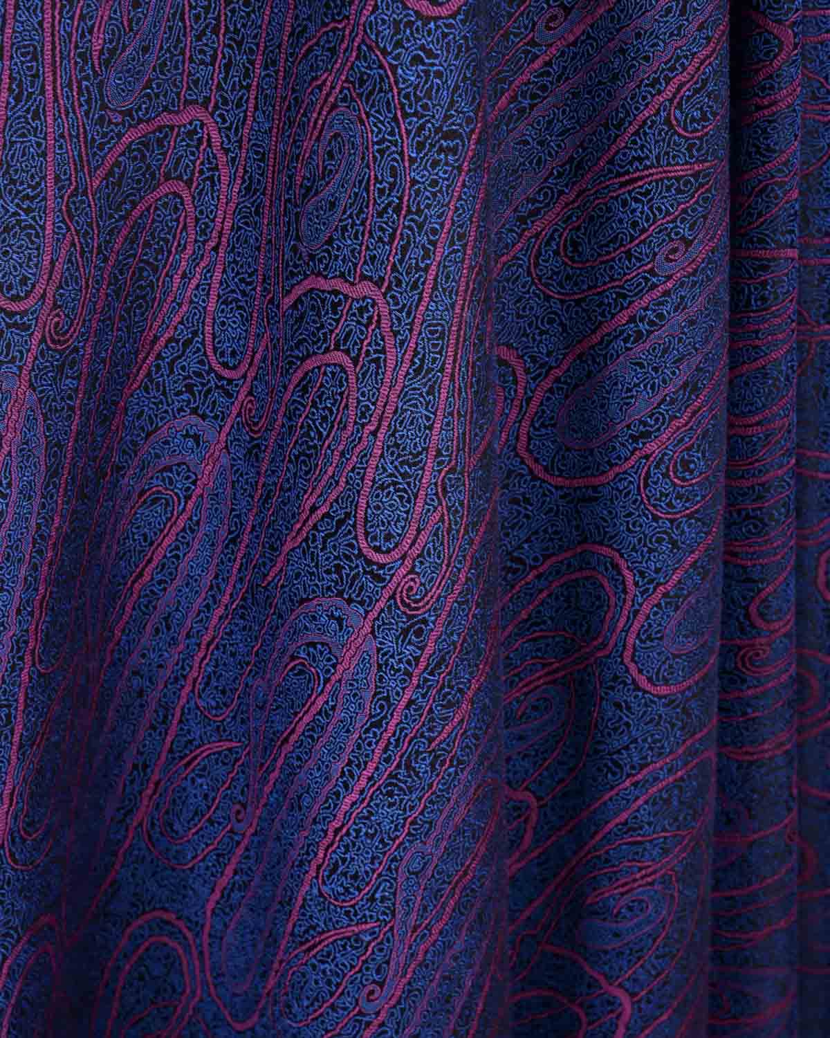 Pink Blue Paisley Satin Tanchoi Handwoven Silk Wool Banarasi Shawl-HolyWeaves