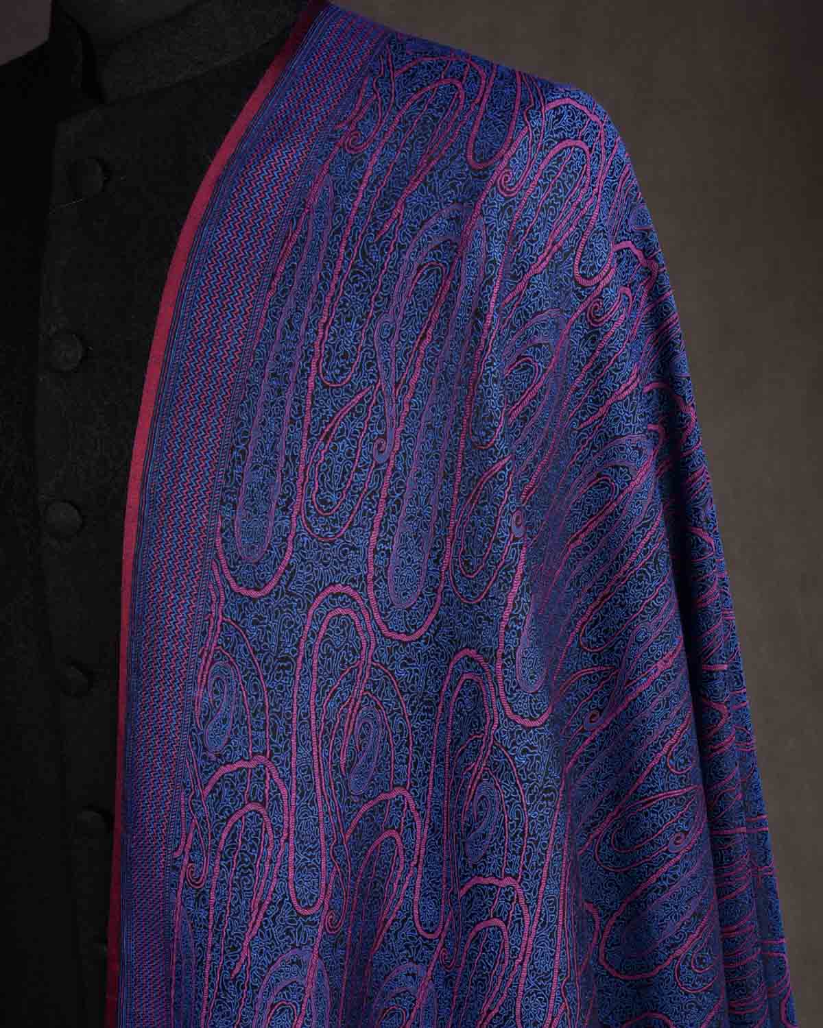 Pink Blue Paisley Satin Tanchoi Handwoven Silk Wool Banarasi Shawl-HolyWeaves