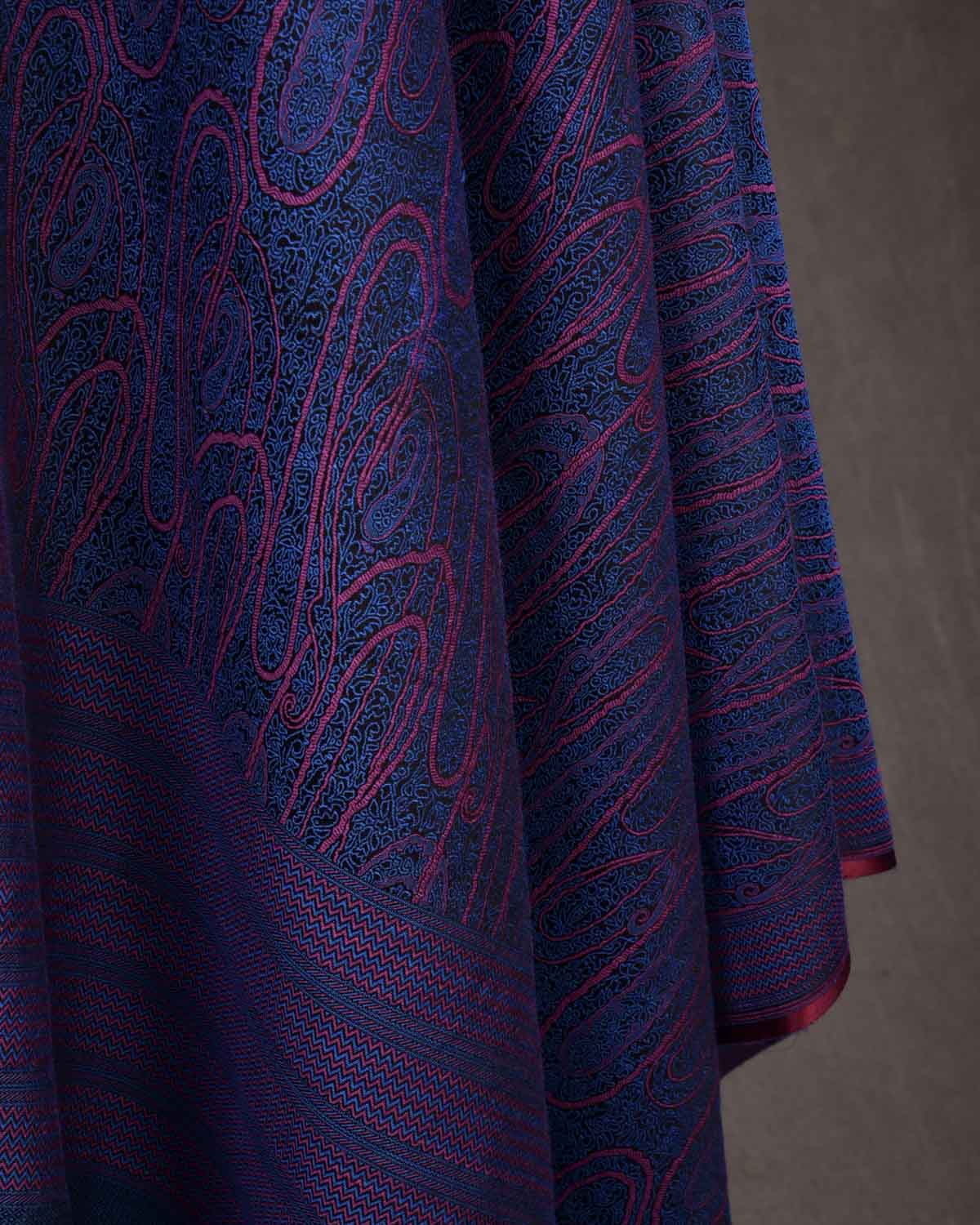 Pink Blue Paisley Satin Tanchoi Handwoven Silk Wool Banarasi Shawl-HolyWeaves