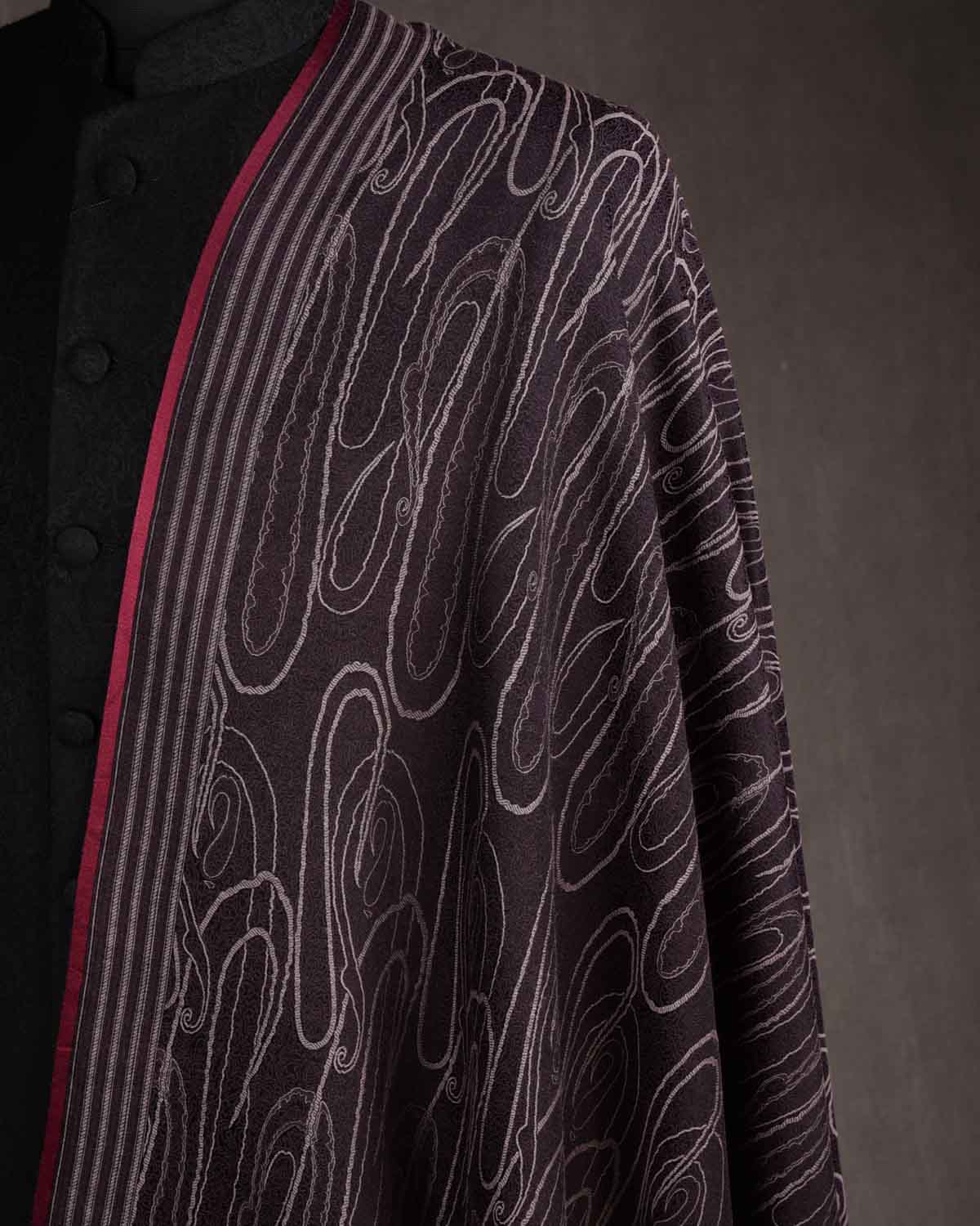 Mahogany Paisley Satin Tanchoi Handwoven Silk Wool Unisex Dress Shawl-HolyWeaves