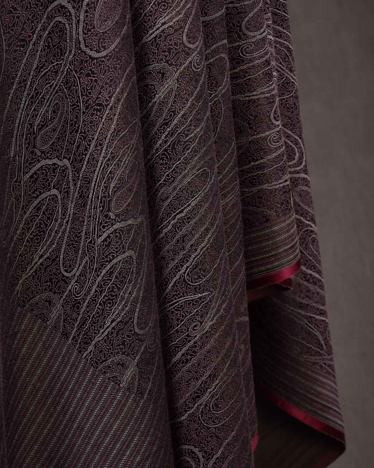 Maroon On Gray Paisley Satin Tanchoi Handwoven Silk Wool Unisex Dress Shawl-HolyWeaves