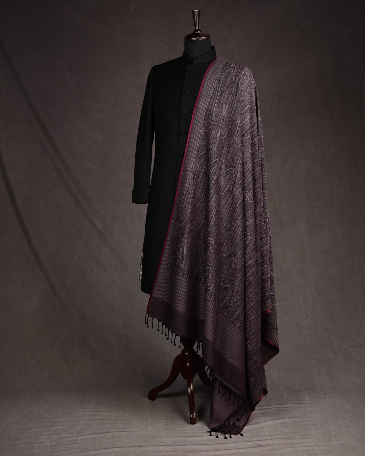 Maroon On Gray Paisley Satin Tanchoi Handwoven Silk Wool Unisex Dress Shawl-HolyWeaves