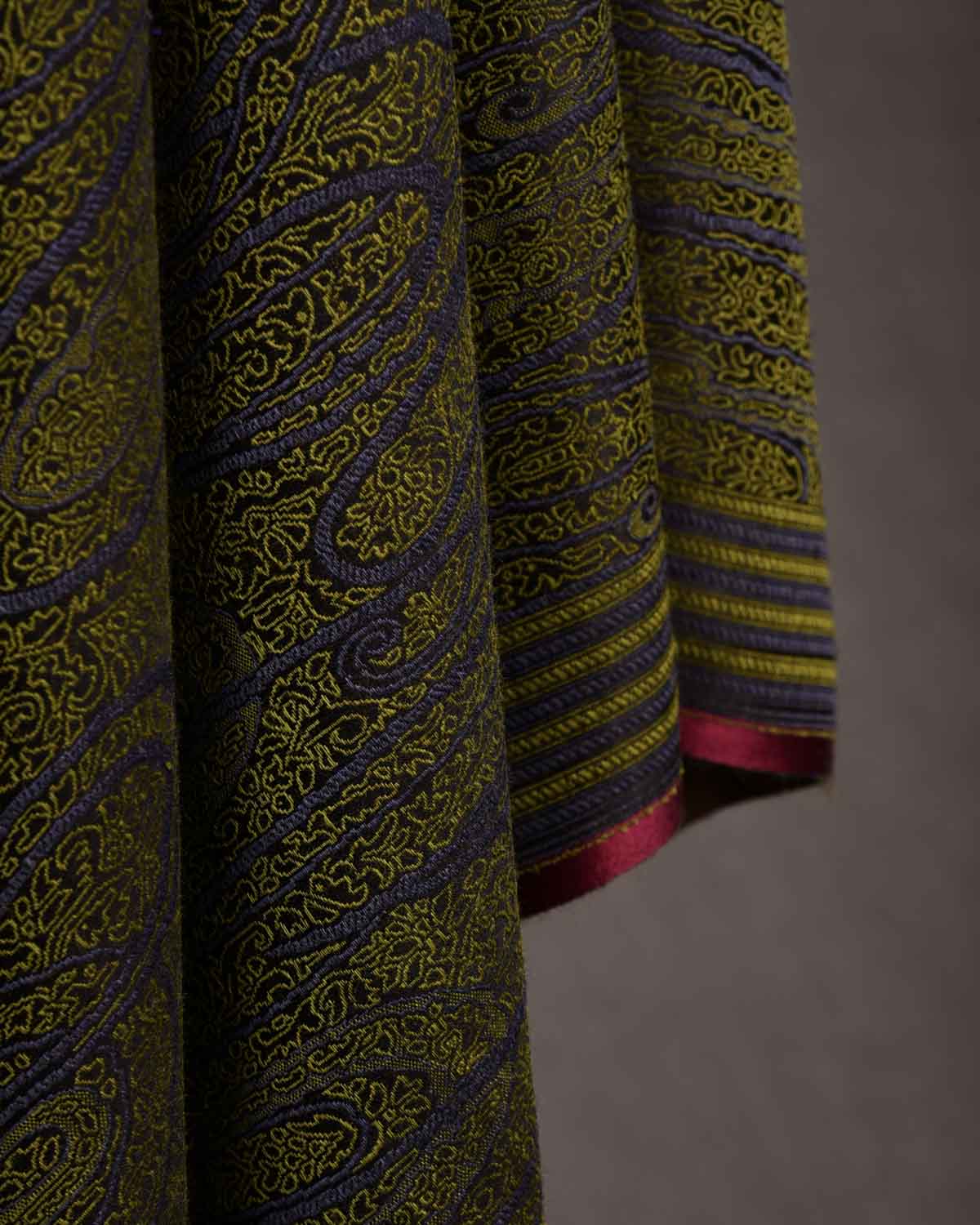 Olive Green Paisley Satin Tanchoi Handwoven Silk Wool Unisex Dress Shawl-HolyWeaves