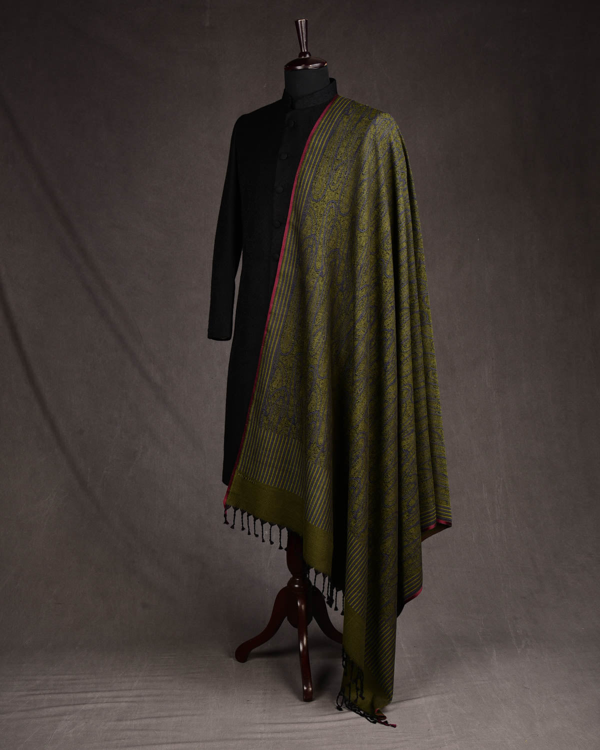 Olive Green Paisley Satin Tanchoi Handwoven Silk Wool Unisex Dress Shawl-HolyWeaves