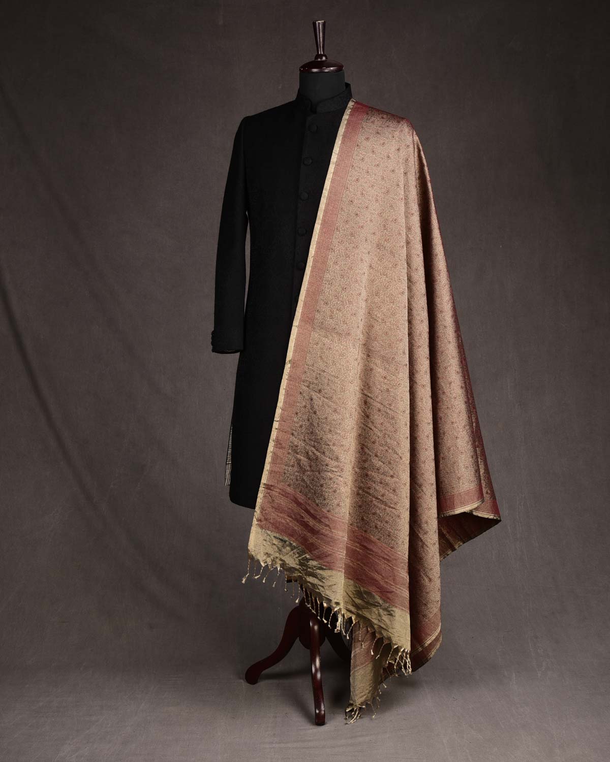 Metallic Beige Paisley Jamawar Handwoven Silk Wool Tissue Unisex Dress Shawl-HolyWeaves
