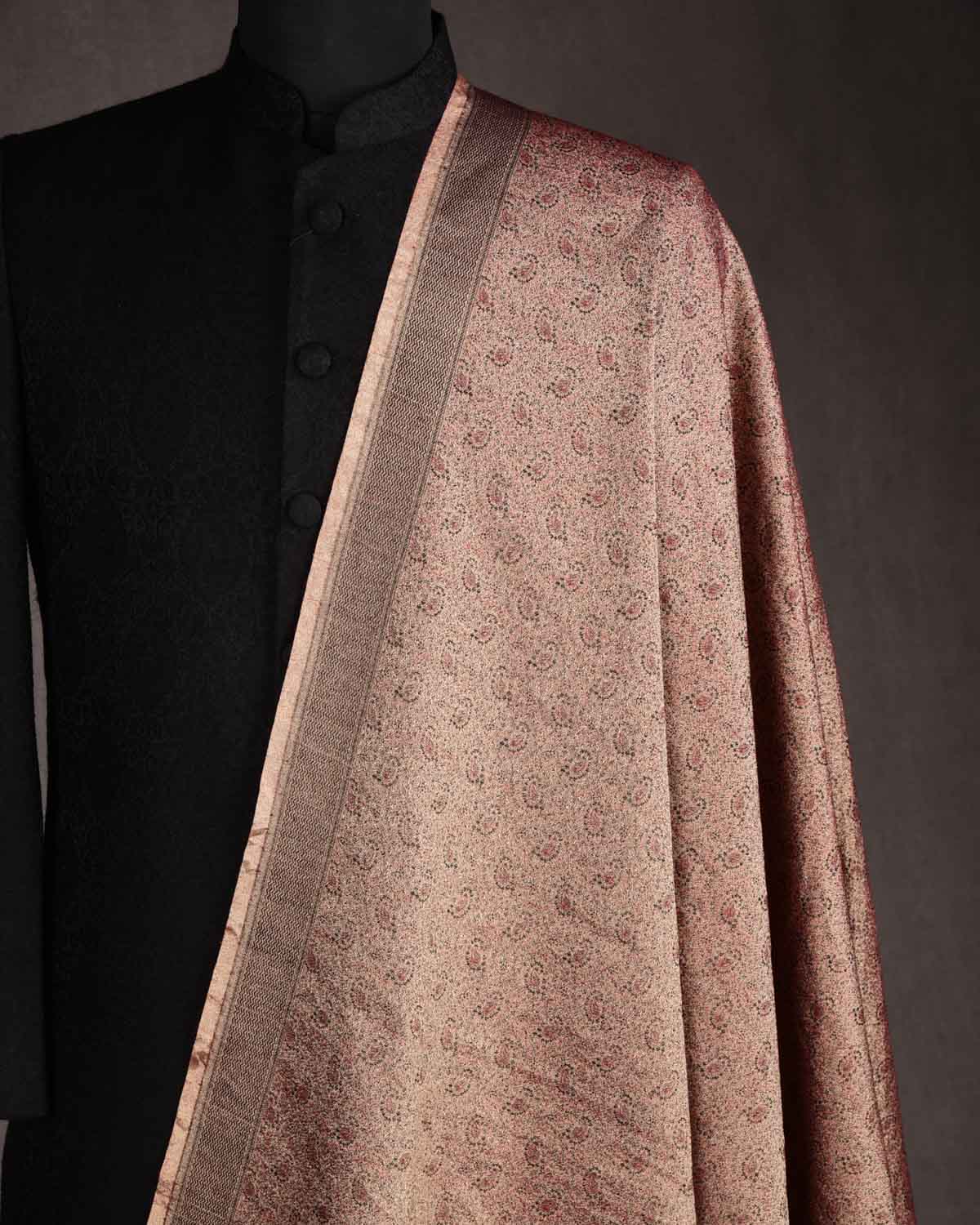 Metallic Beige Paisley Jamawar Handwoven Silk Wool Tissue Unisex Dress Shawl-HolyWeaves