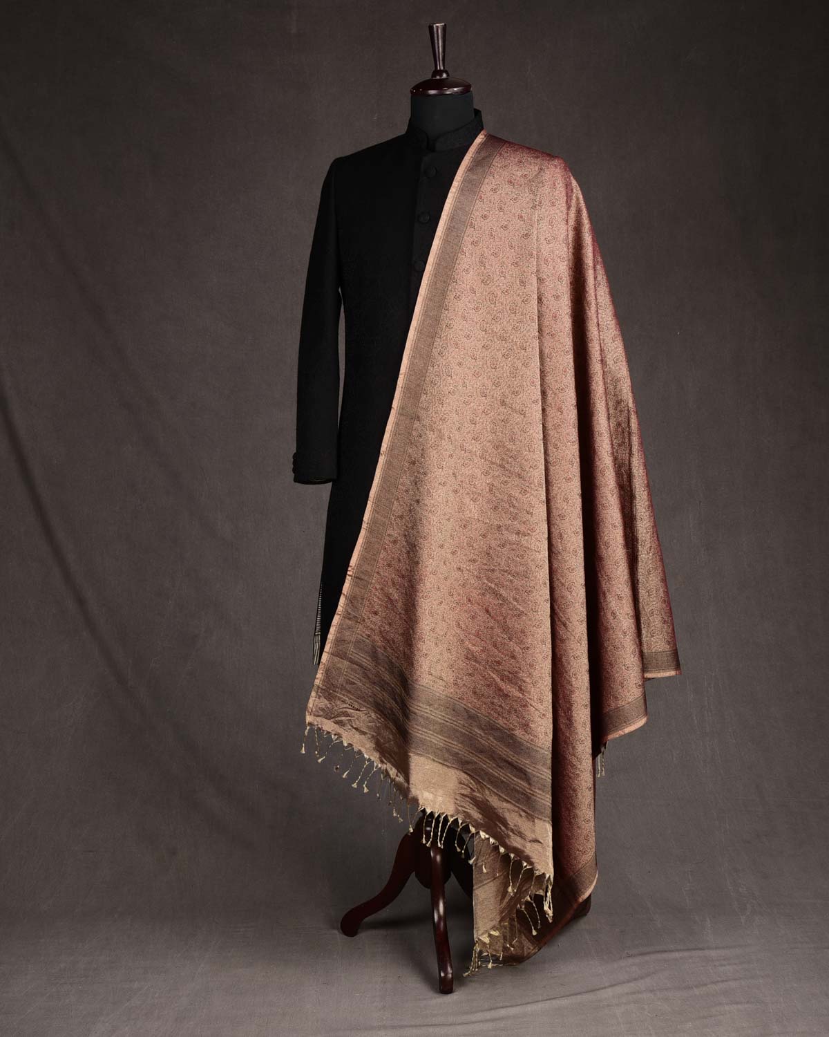 Metallic Beige Paisley Jamawar Handwoven Silk Wool Tissue Unisex Dress