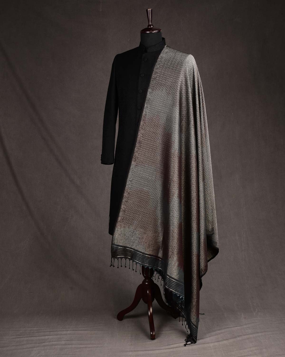 Ombre Black Gold & Silver Zari Brocade Handwoven Silk Wool Unisex Dress Shawl-HolyWeaves
