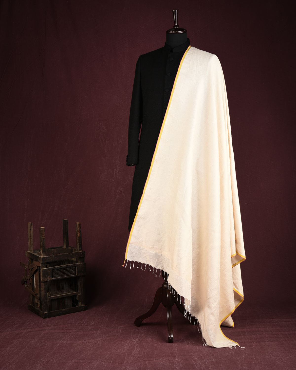 Metallic Ivory White Silver Zari Brocade Handwoven Silk Wool Unisex Dress Shawl-HolyWeaves