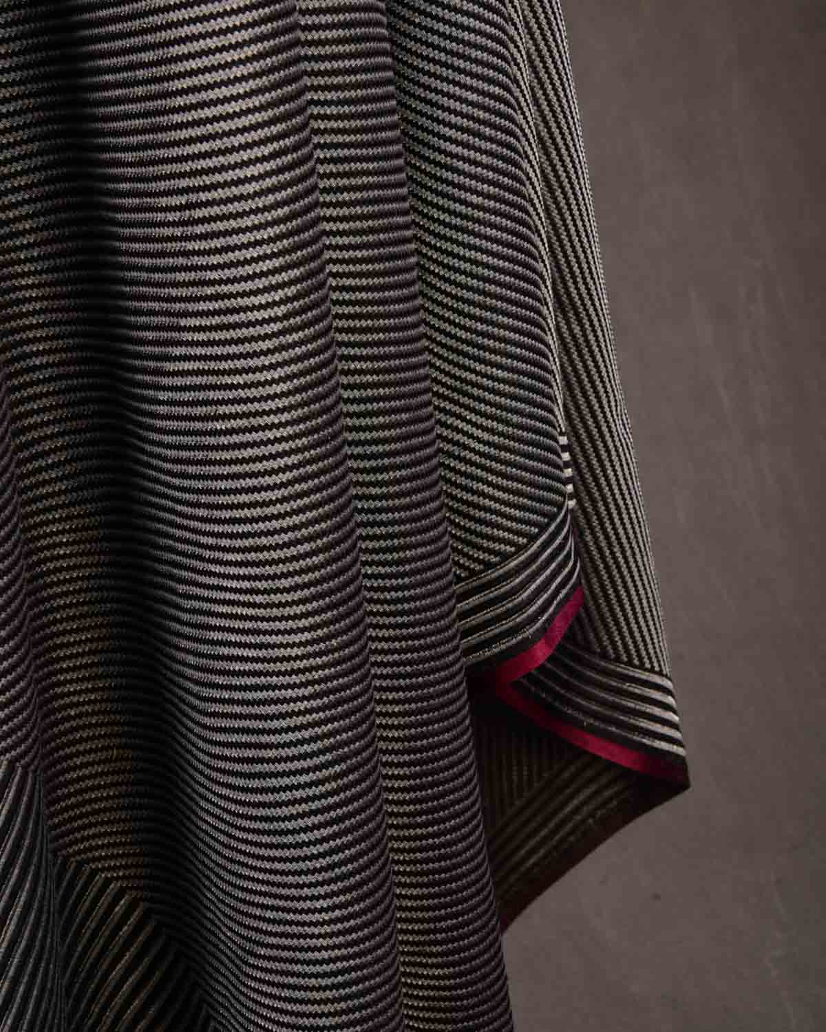 Metallic Silver Gray Black Carbon Fiber Chequered Satin Tanchoi Handwoven Silk Wool Unisex Dress Shawl-HolyWeaves