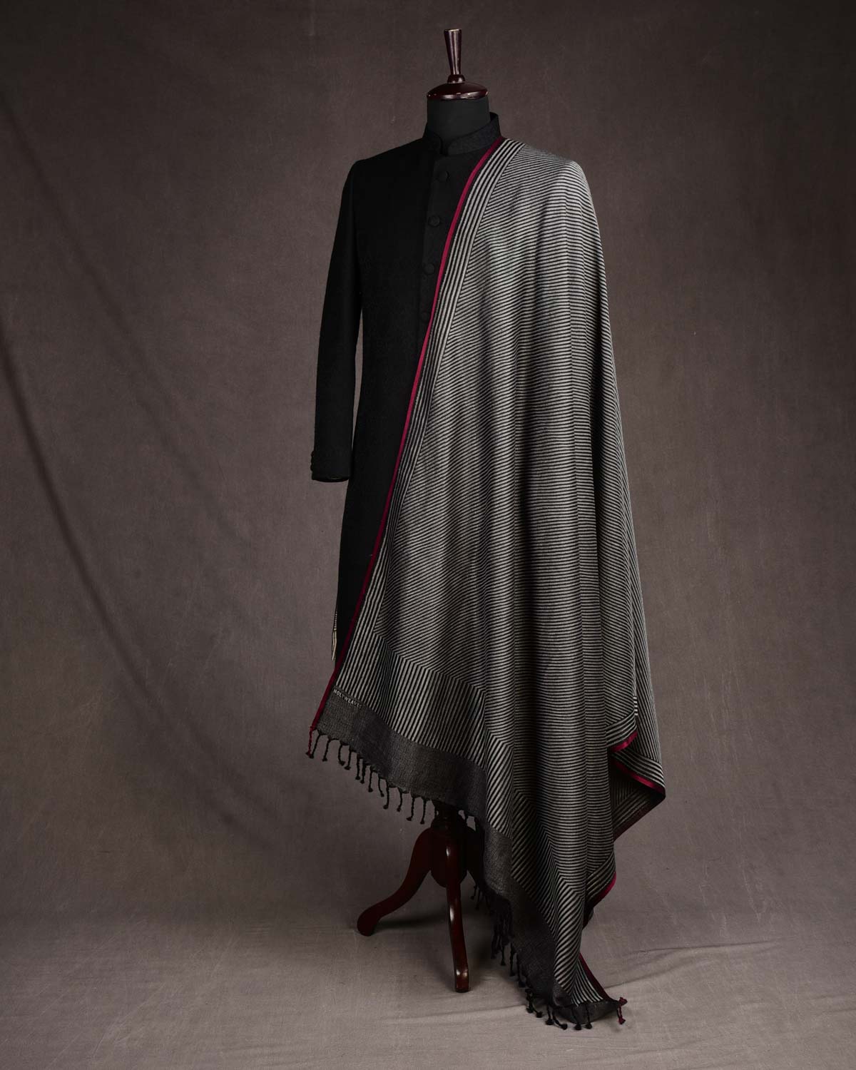 Metallic Silver Gray Black Carbon Fiber Chequered Satin Tanchoi Handwoven Silk Wool Unisex Dress Shawl-HolyWeaves