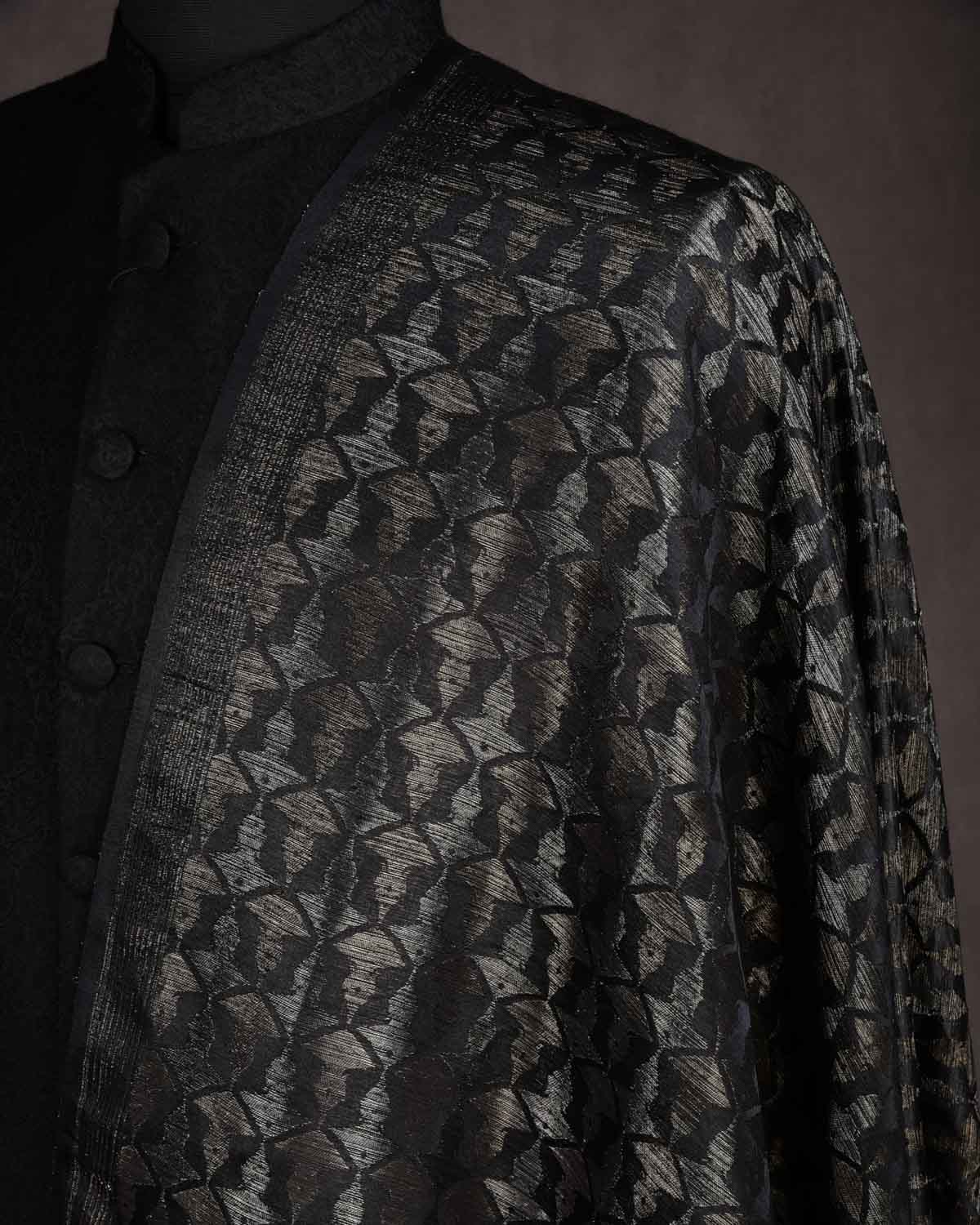 Black Gold & Silver Zari Buddha "Wisdom & Compassion" Satin Brocade Handwoven Silk Wool Unisex Dress Shawl-HolyWeaves