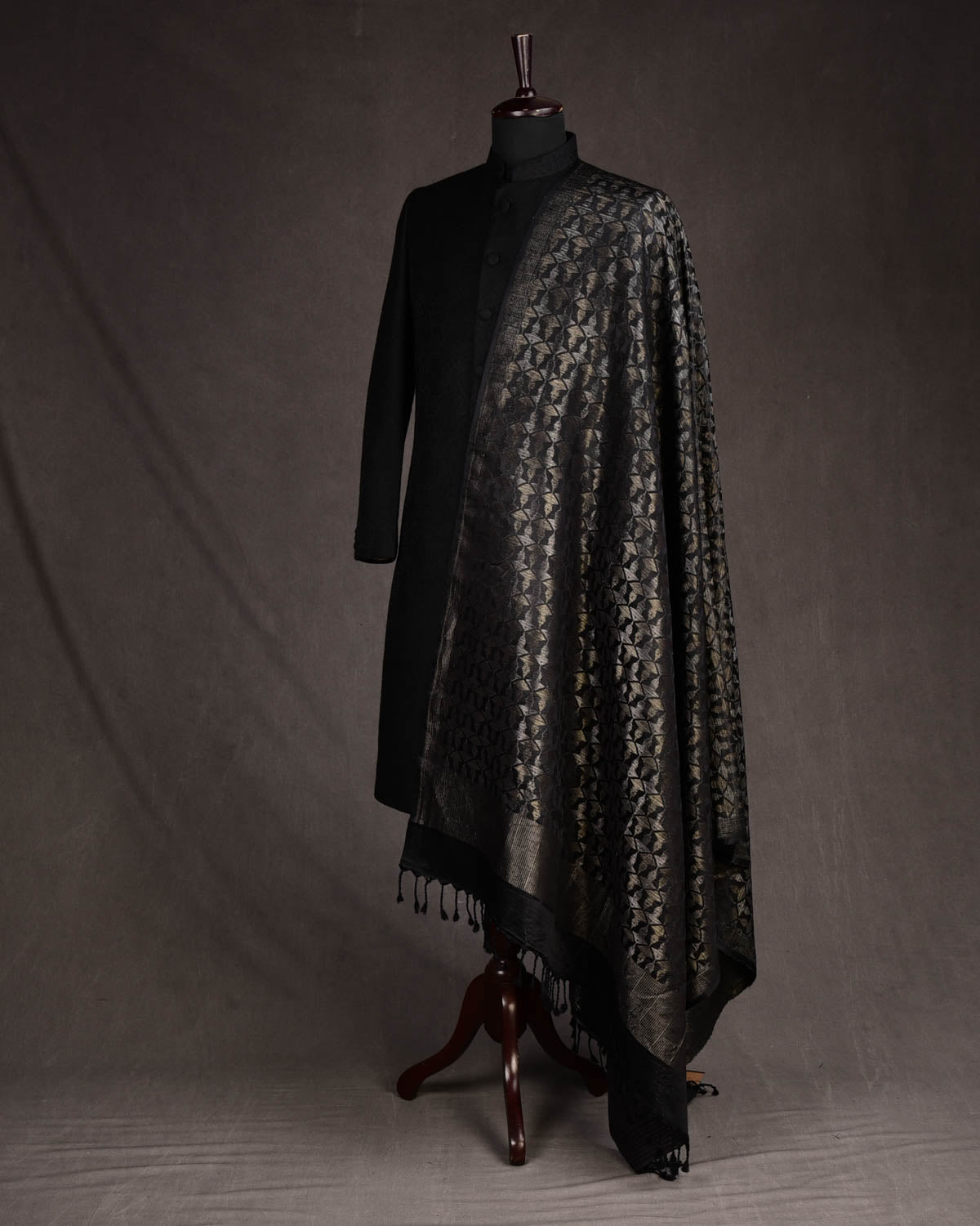 Black Gold & Silver Zari Buddha "Wisdom & Compassion" Satin Brocade Handwoven Silk Wool Unisex Dress Shawl-HolyWeaves