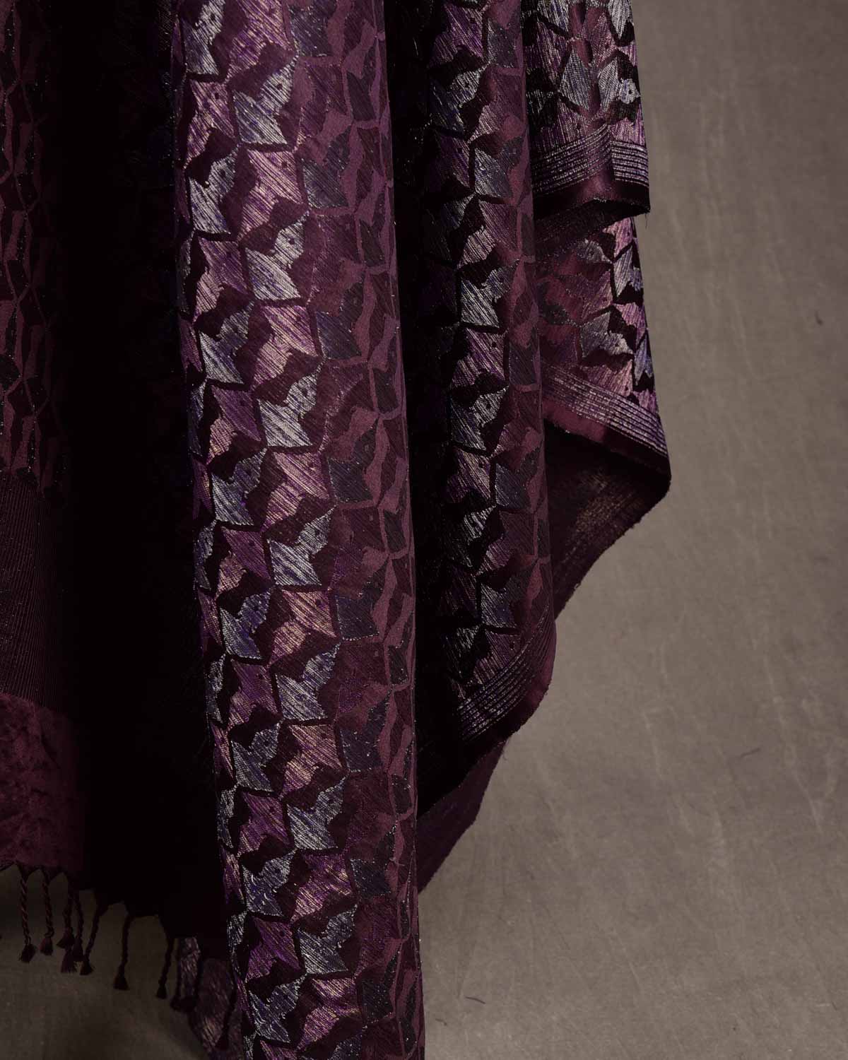 Metallic Brown Buddha "Wisdom & Compassion" Silver & Purple Zari Satin Brocade Handwoven Silk Wool Unisex Dress Shawl-HolyWeaves