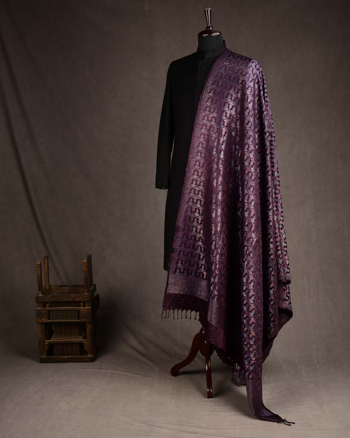 Metallic Brown Buddha "Wisdom & Compassion" Silver & Purple Zari Satin Brocade Handwoven Silk Wool Unisex Dress Shawl-HolyWeaves