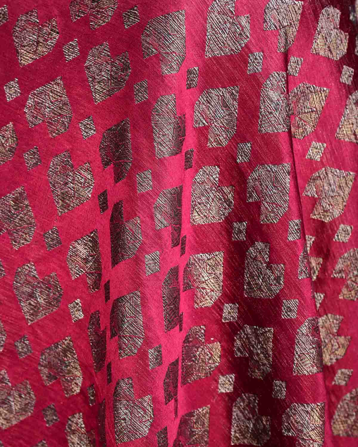 Magenta Gold & Silver Zari Diamond Hearts Satin Brocade Handwoven Silk Wool Unisex Dress Shawl-HolyWeaves