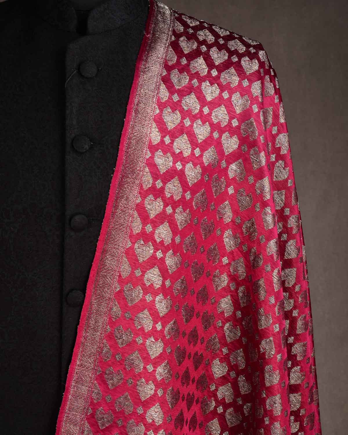 Magenta Gold & Silver Zari Diamond Hearts Satin Brocade Handwoven Silk Wool Unisex Dress Shawl-HolyWeaves