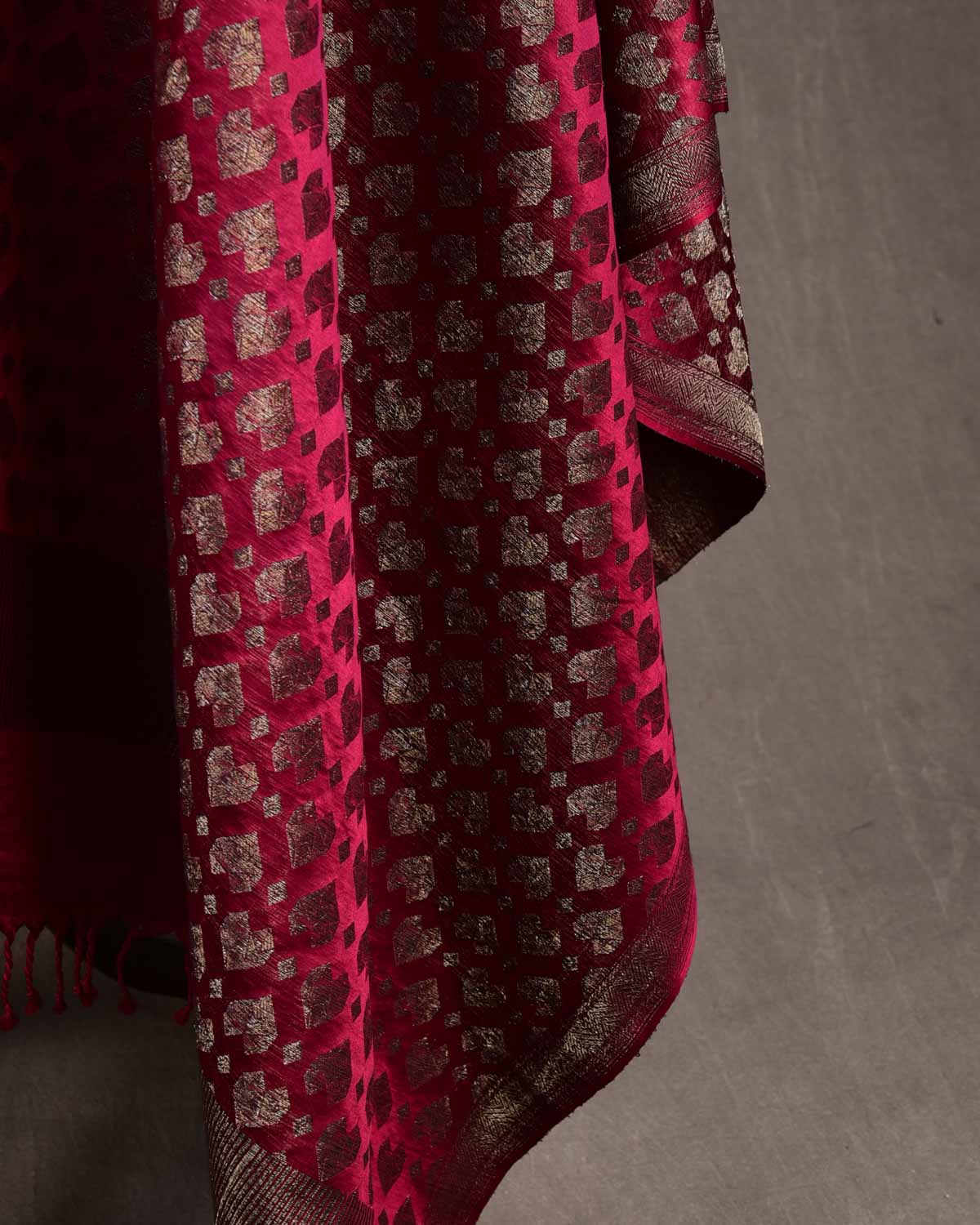 Magenta Gold & Silver Zari Diamond Hearts Satin Brocade Handwoven Silk Wool Unisex Dress Shawl-HolyWeaves