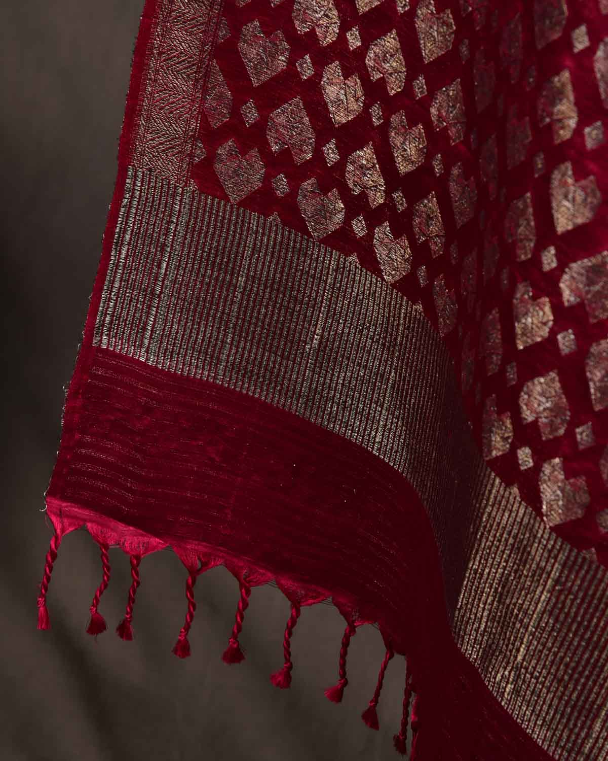 Magenta Gold & Silver Zari Diamond Hearts Satin Brocade Handwoven Silk Wool Unisex Dress Shawl-HolyWeaves