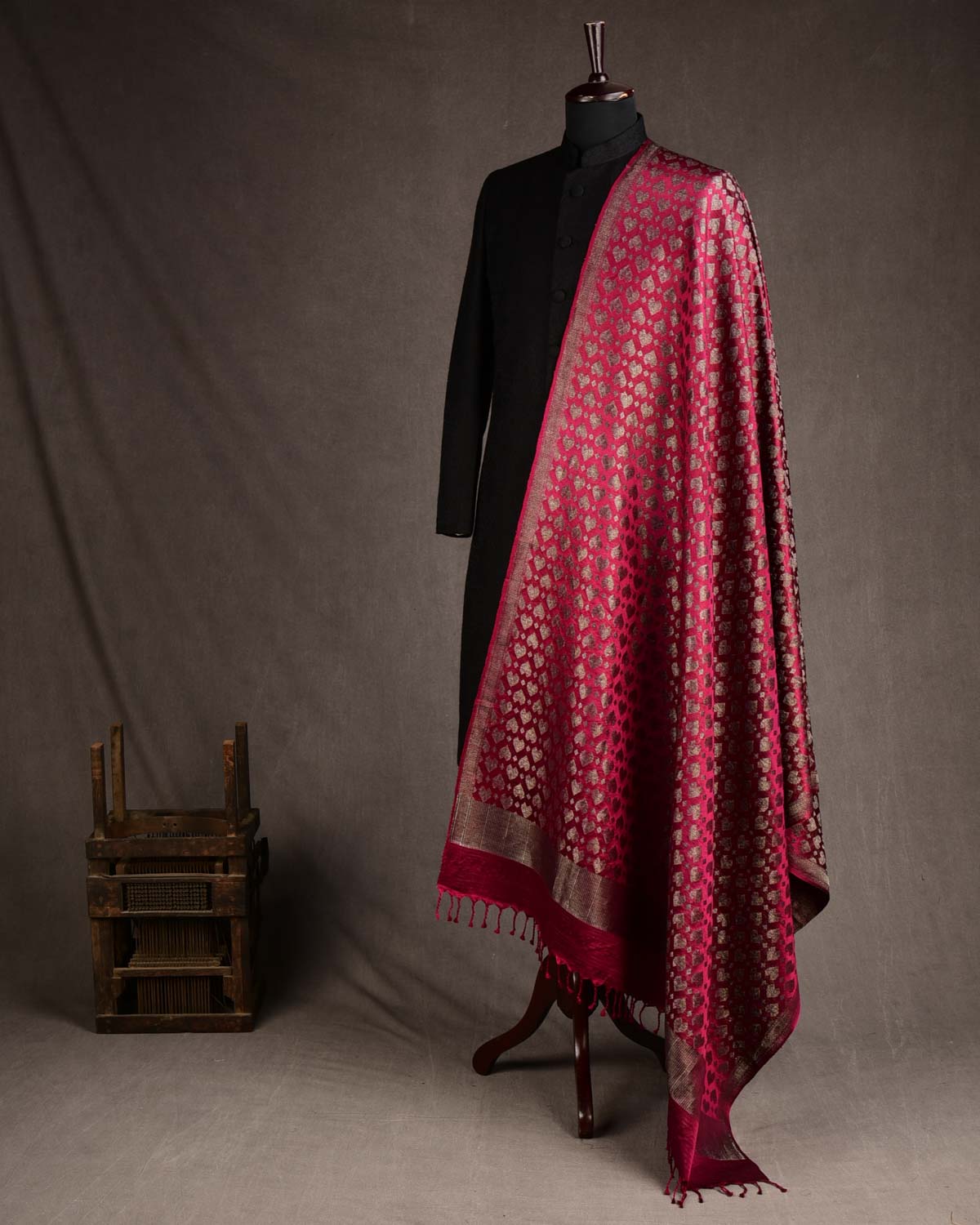 Magenta Gold & Silver Zari Diamond Hearts Satin Brocade Handwoven Silk Wool Unisex Dress Shawl-HolyWeaves