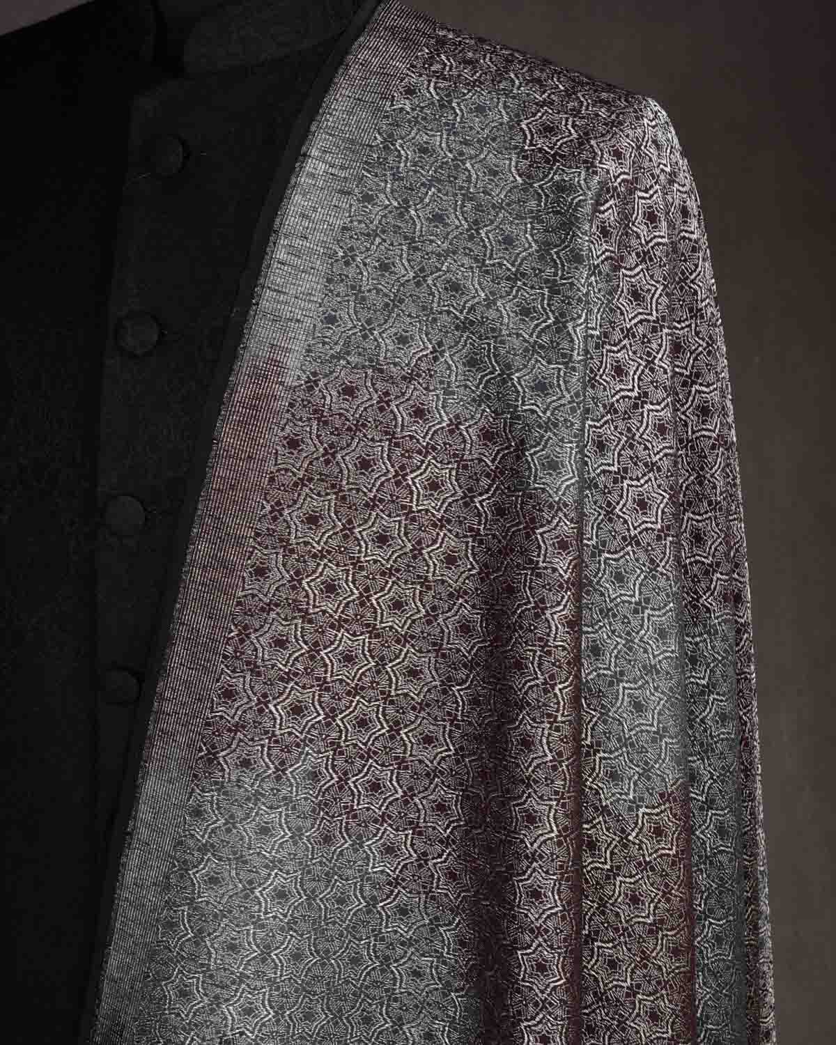 Ombre Maroon Gray Black Silver Zari Kaleidoscopic Stars Brocade Handwoven Silk Wool Unisex Dress Shawl-HolyWeaves
