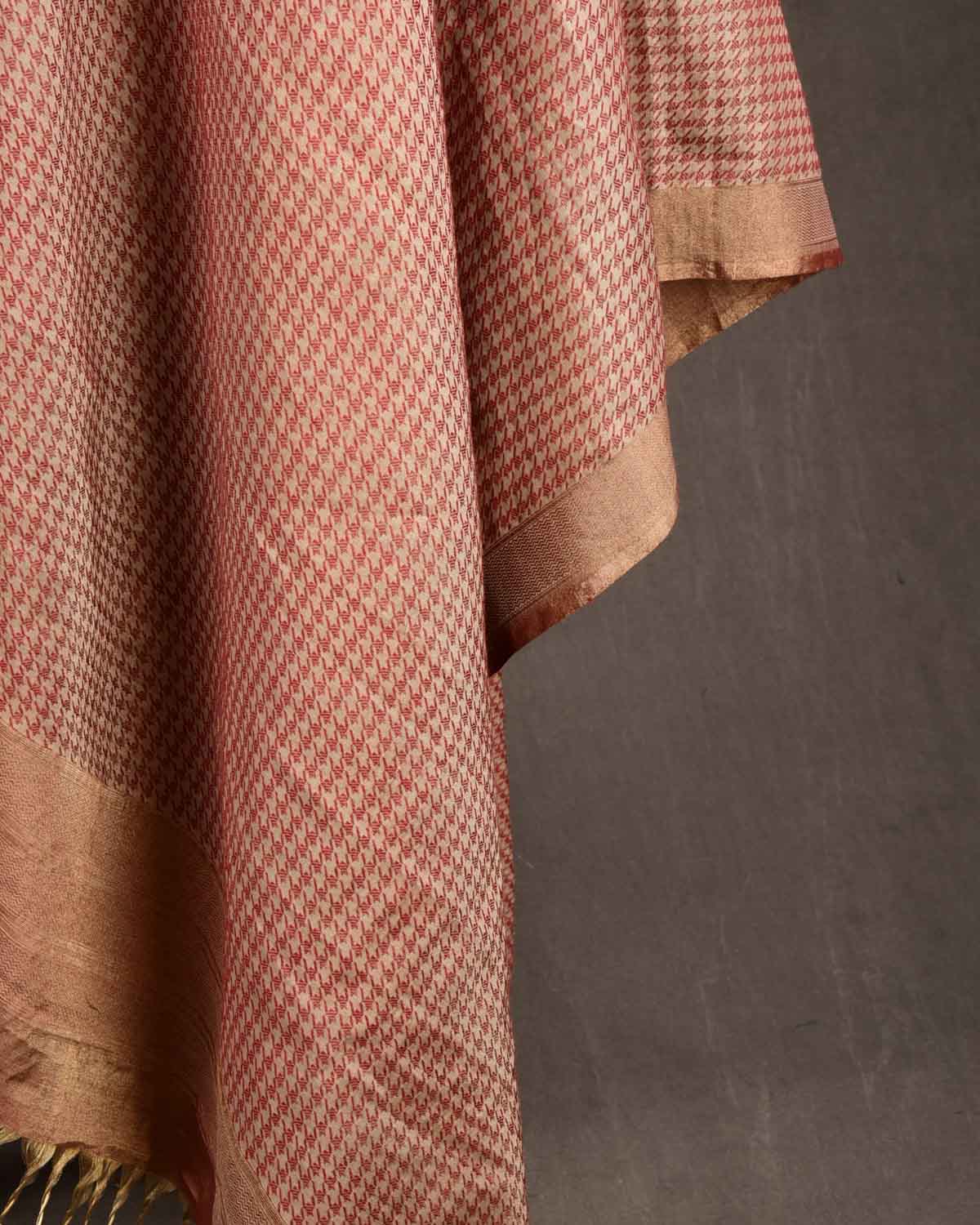 Metallic Beige Houndstooth Gold Zari Brocade Handwoven Silk Wool Tissue Unisex Dress Shawl-HolyWeaves