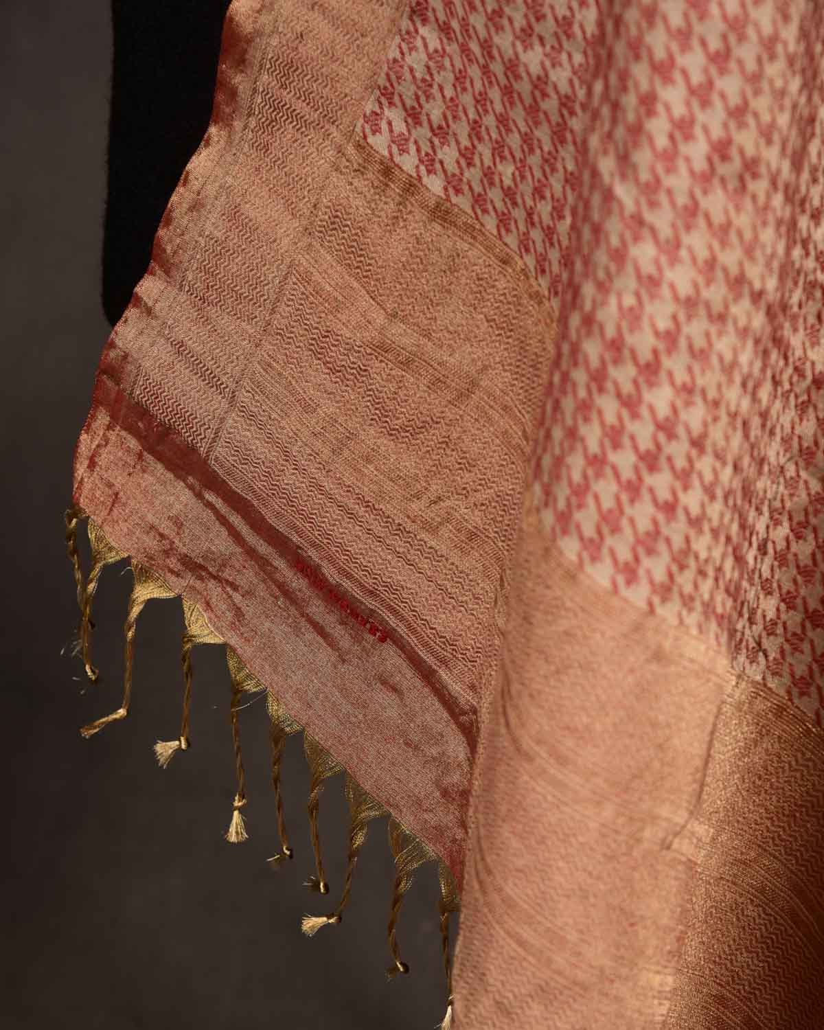 Metallic Beige Houndstooth Gold Zari Brocade Handwoven Silk Wool Tissue Unisex Dress Shawl-HolyWeaves