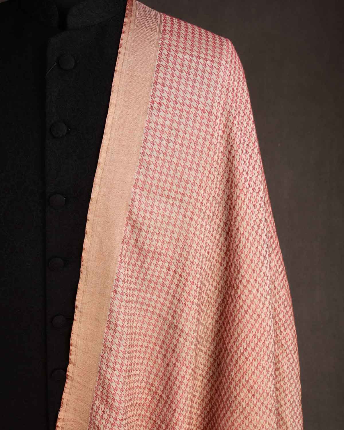 Metallic Beige Houndstooth Gold Zari Brocade Handwoven Silk Wool Tissue Unisex Dress Shawl-HolyWeaves