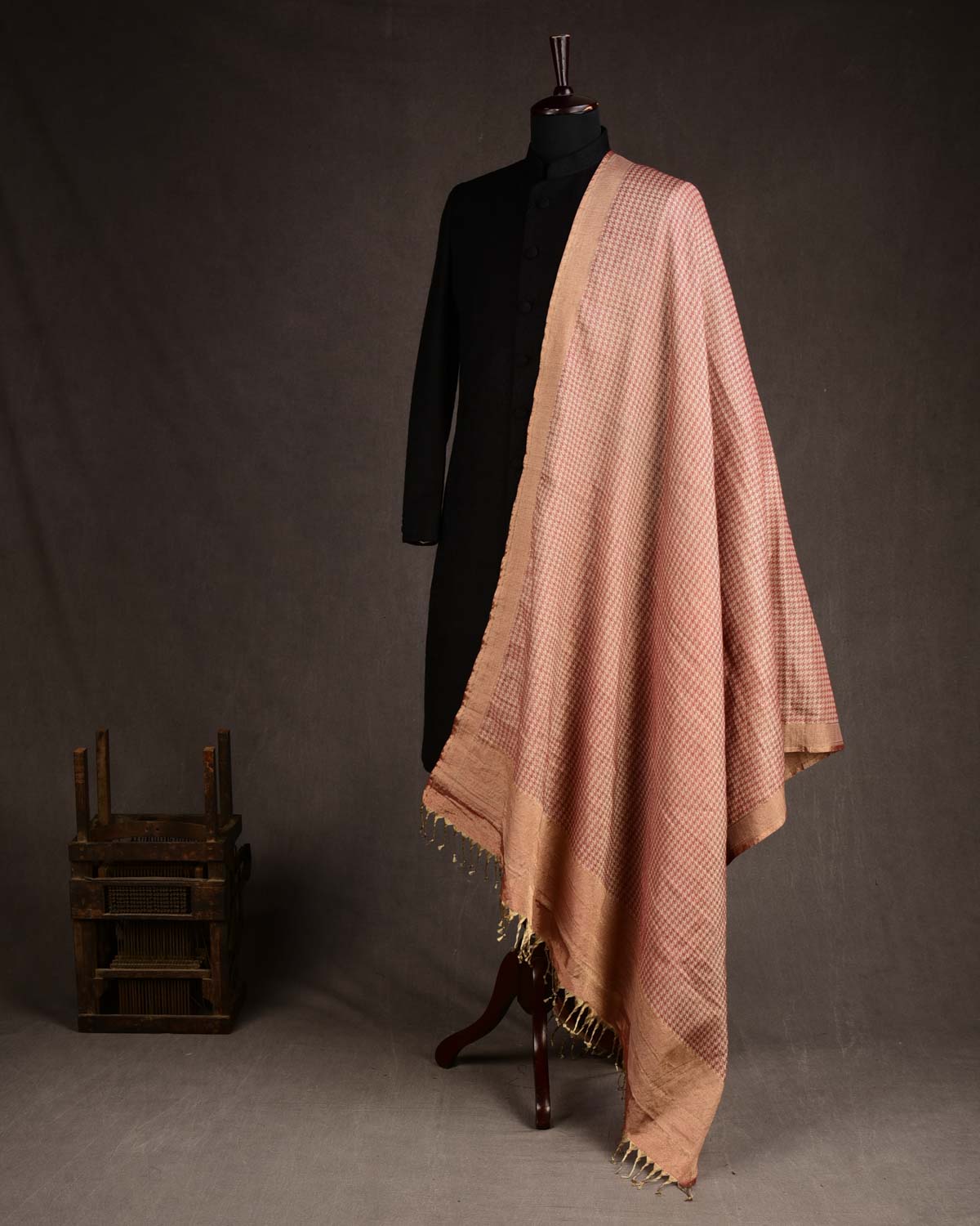 Metallic Beige Houndstooth Gold Zari Brocade Handwoven Silk Wool Tissue Unisex Dress Shawl-HolyWeaves
