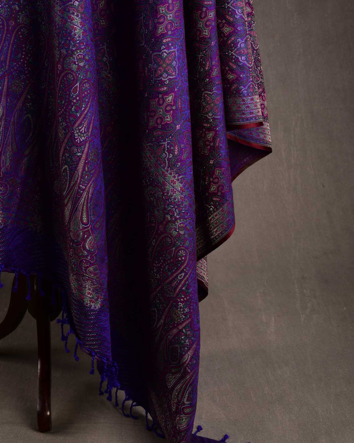 Green On Purple Tehra Traditional Jamawar Handwoven Silk Wool Unisex Dress Shawl with Silver Zari-HolyWeaves