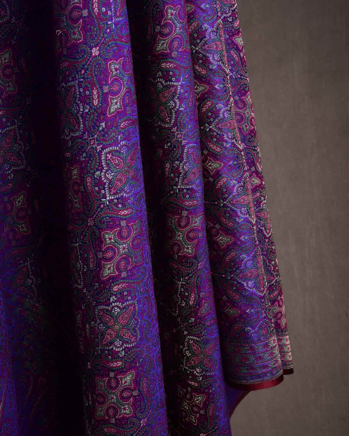 Green On Purple Tehra Traditional Jamawar Handwoven Silk Wool Unisex Dress Shawl with Silver Zari-HolyWeaves