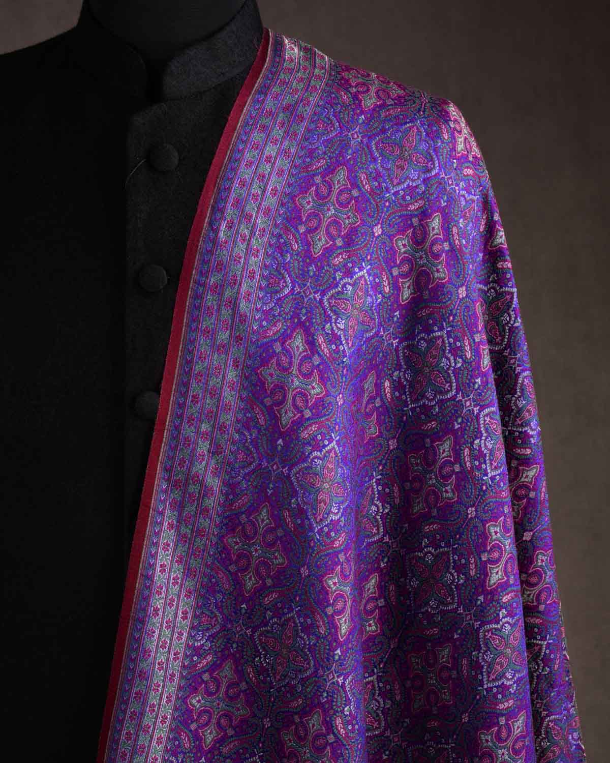 Green On Purple Tehra Traditional Jamawar Handwoven Silk Wool Unisex Dress Shawl with Silver Zari-HolyWeaves