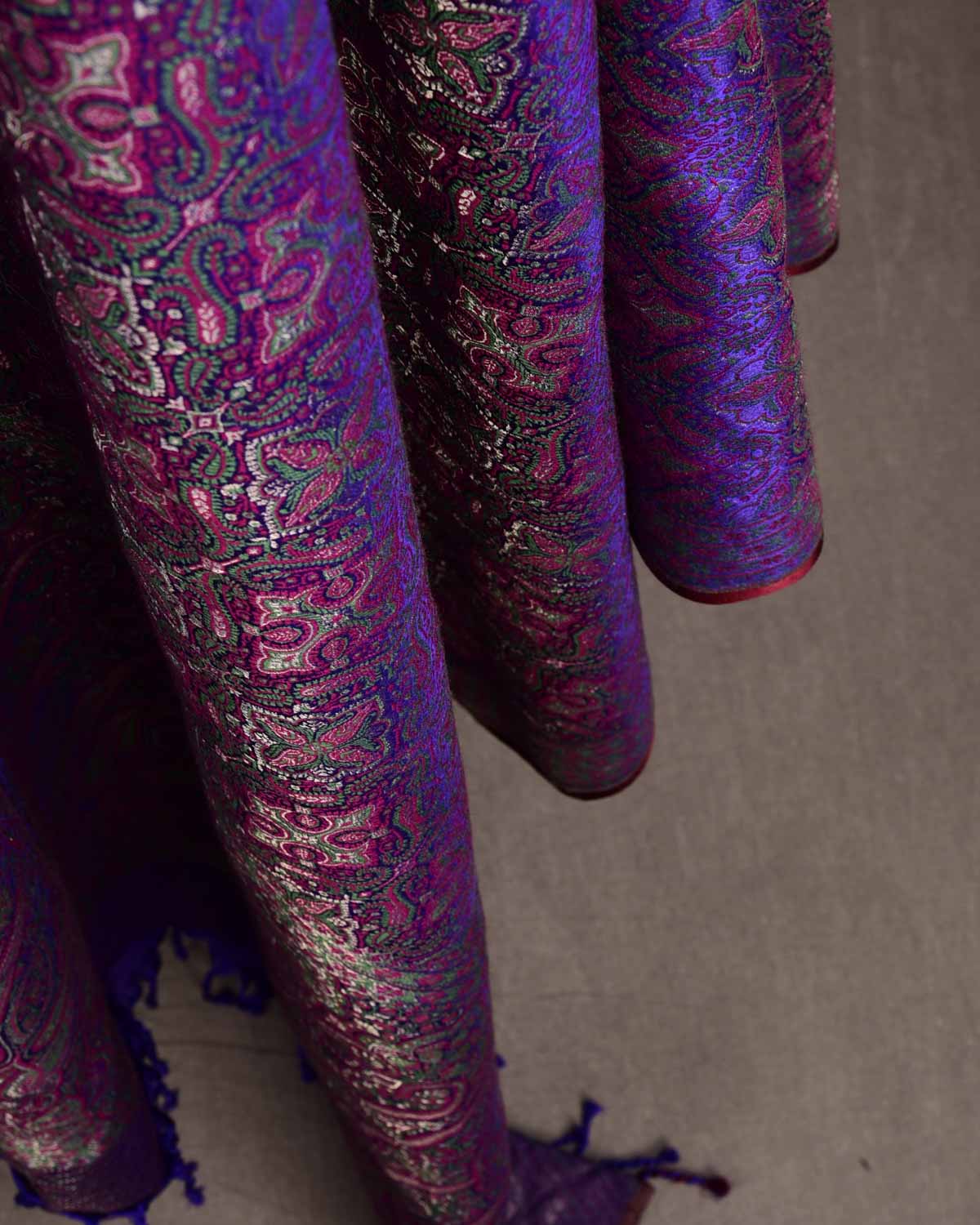 Green On Purple Tehra Traditional Jamawar Handwoven Silk Wool Unisex Dress Shawl with Silver Zari-HolyWeaves