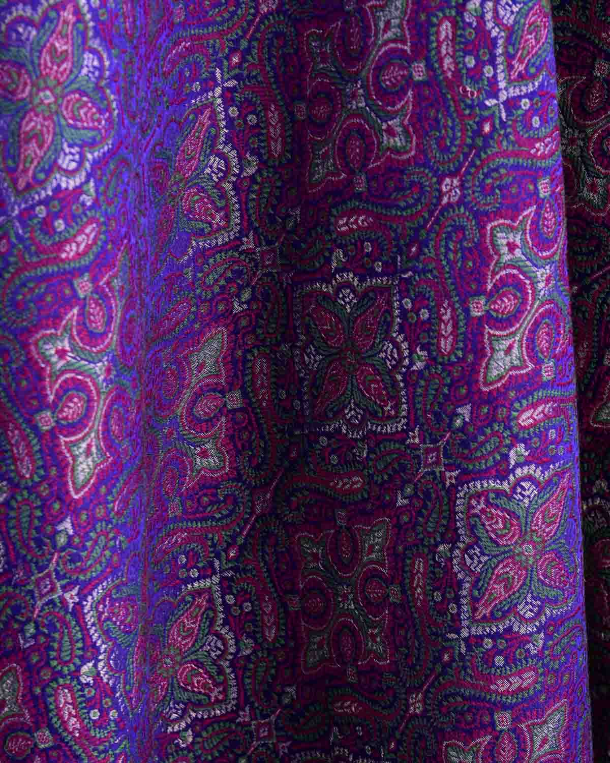 Green On Purple Tehra Traditional Jamawar Handwoven Silk Wool Unisex Dress Shawl with Silver Zari-HolyWeaves