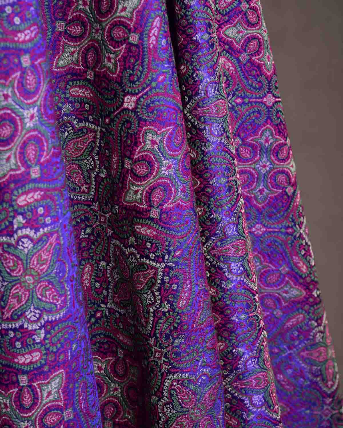 Green On Purple Tehra Traditional Jamawar Handwoven Silk Wool Unisex Dress Shawl with Silver Zari-HolyWeaves