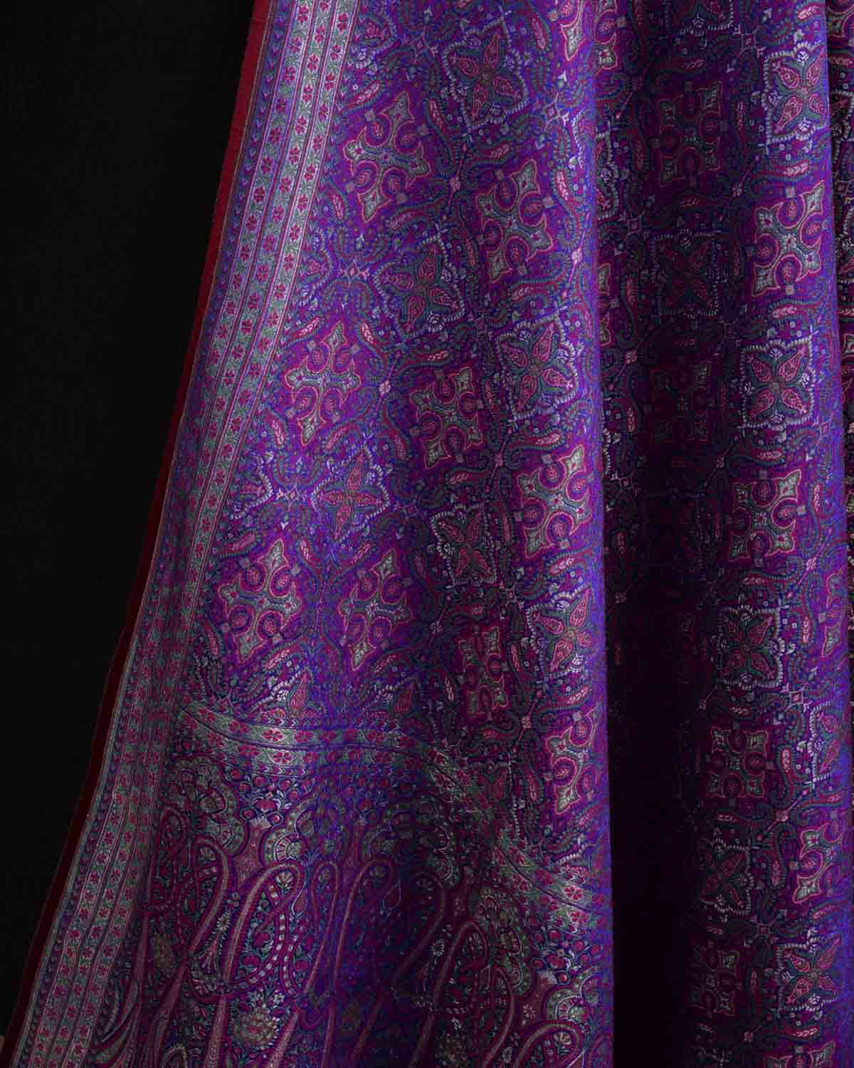 Green On Purple Tehra Traditional Jamawar Handwoven Silk Wool Unisex Dress Shawl with Silver Zari-HolyWeaves