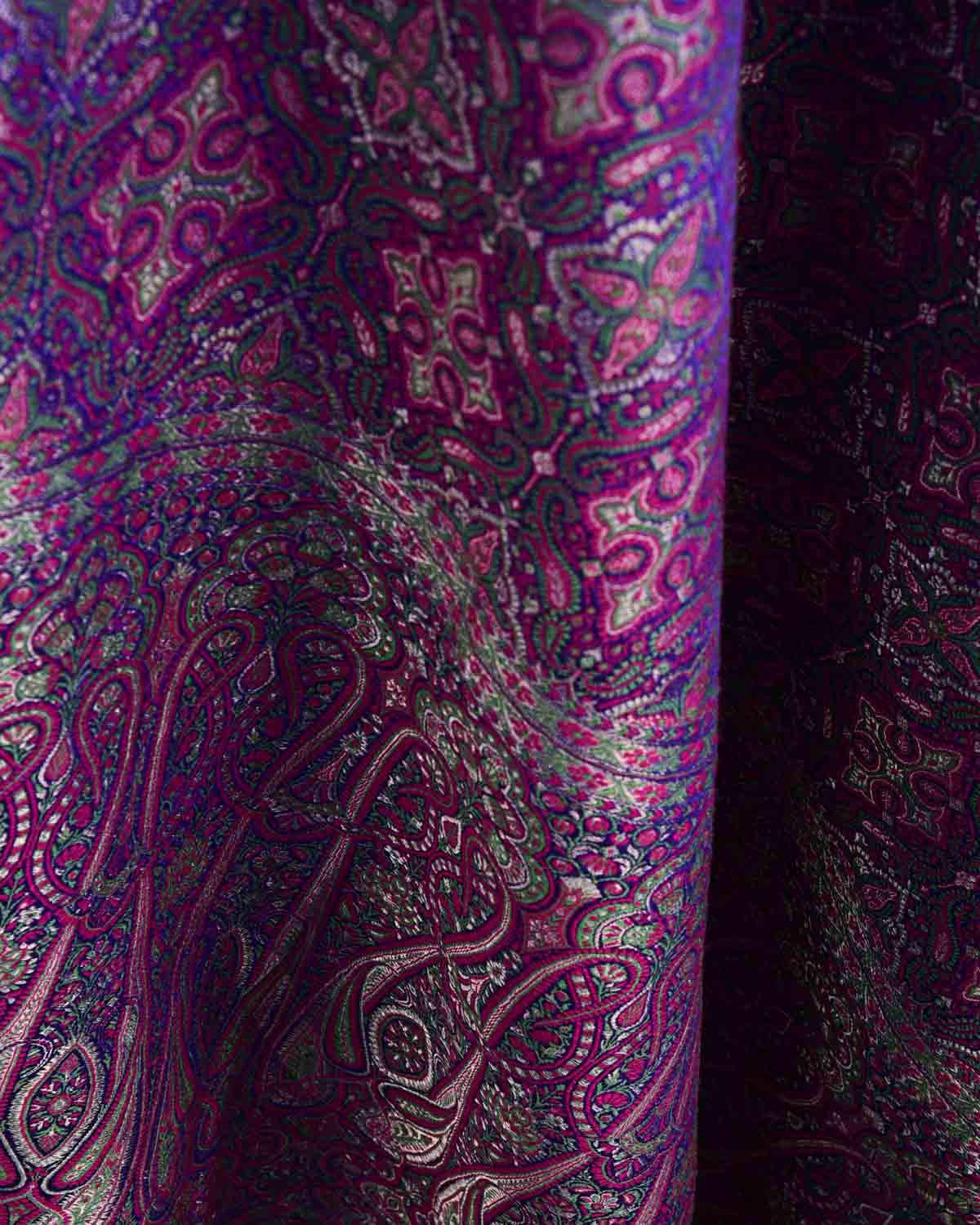 Green On Purple Tehra Traditional Jamawar Handwoven Silk Wool Unisex Dress Shawl with Silver Zari-HolyWeaves