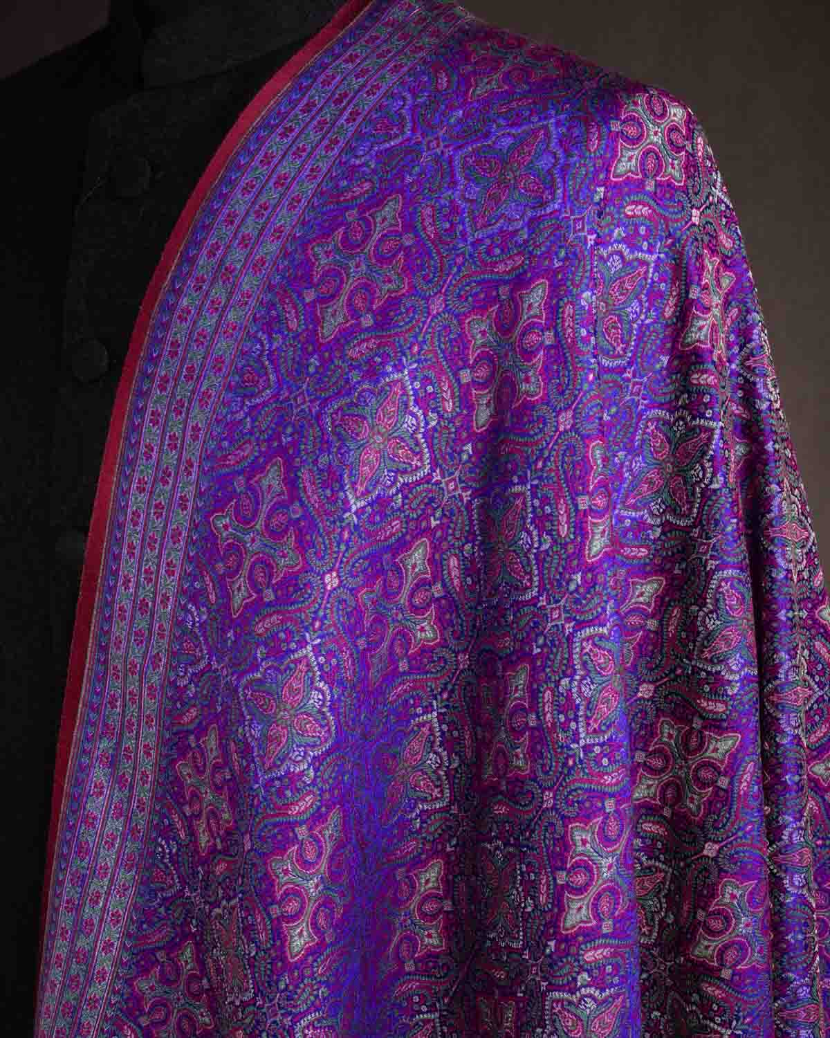 Green On Purple Tehra Traditional Jamawar Handwoven Silk Wool Unisex Dress Shawl with Silver Zari-HolyWeaves