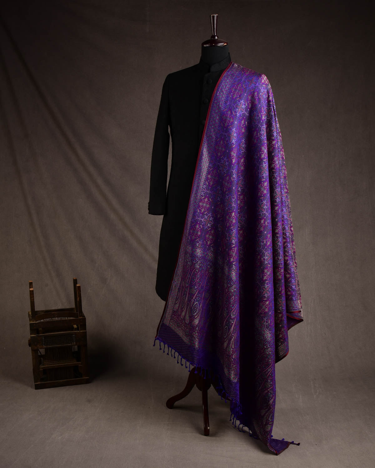 Green On Purple Tehra Traditional Jamawar Handwoven Silk Wool Unisex Dress Shawl with Silver Zari-HolyWeaves