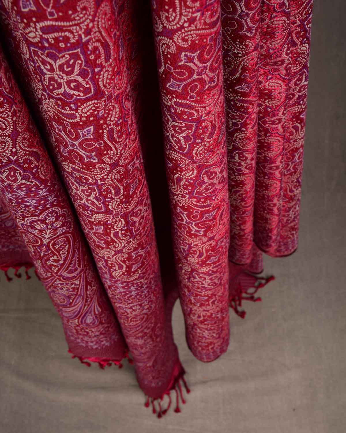 Beige On Maroon Tehra Traditional Jamawar Handwoven Silk Wool Unisex Dress Shawl-HolyWeaves