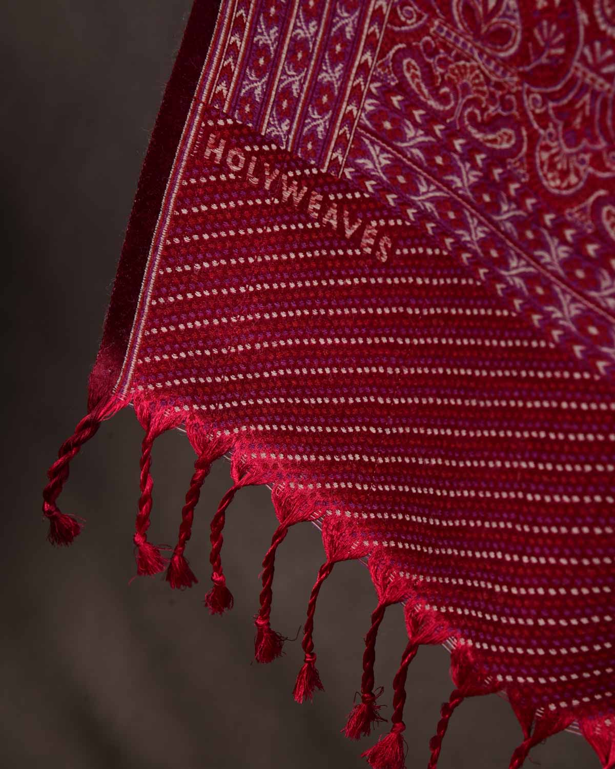 Beige On Maroon Tehra Traditional Jamawar Handwoven Silk Wool Unisex Dress Shawl-HolyWeaves