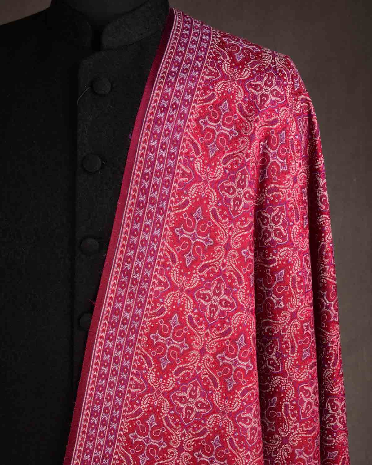 Beige On Maroon Tehra Traditional Jamawar Handwoven Silk Wool Unisex Dress Shawl-HolyWeaves