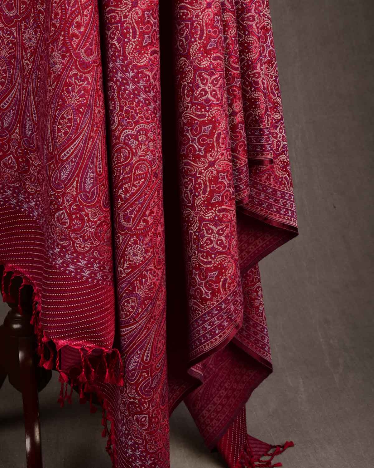 Beige On Maroon Tehra Traditional Jamawar Handwoven Silk Wool Unisex Dress Shawl-HolyWeaves