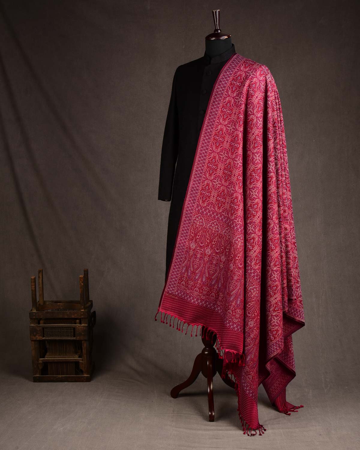 Beige On Maroon Tehra Traditional Jamawar Handwoven Silk Wool Unisex Dress Shawl-HolyWeaves