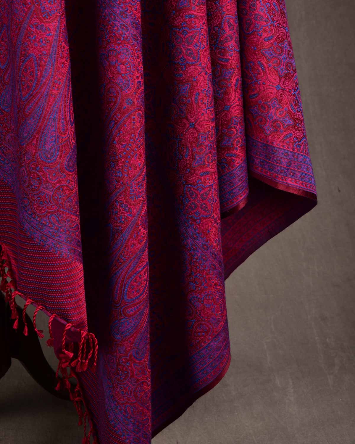 Blue On Maroon Tehra Traditional Jamawar Handwoven Silk Wool Unisex Dress Shawl-HolyWeaves