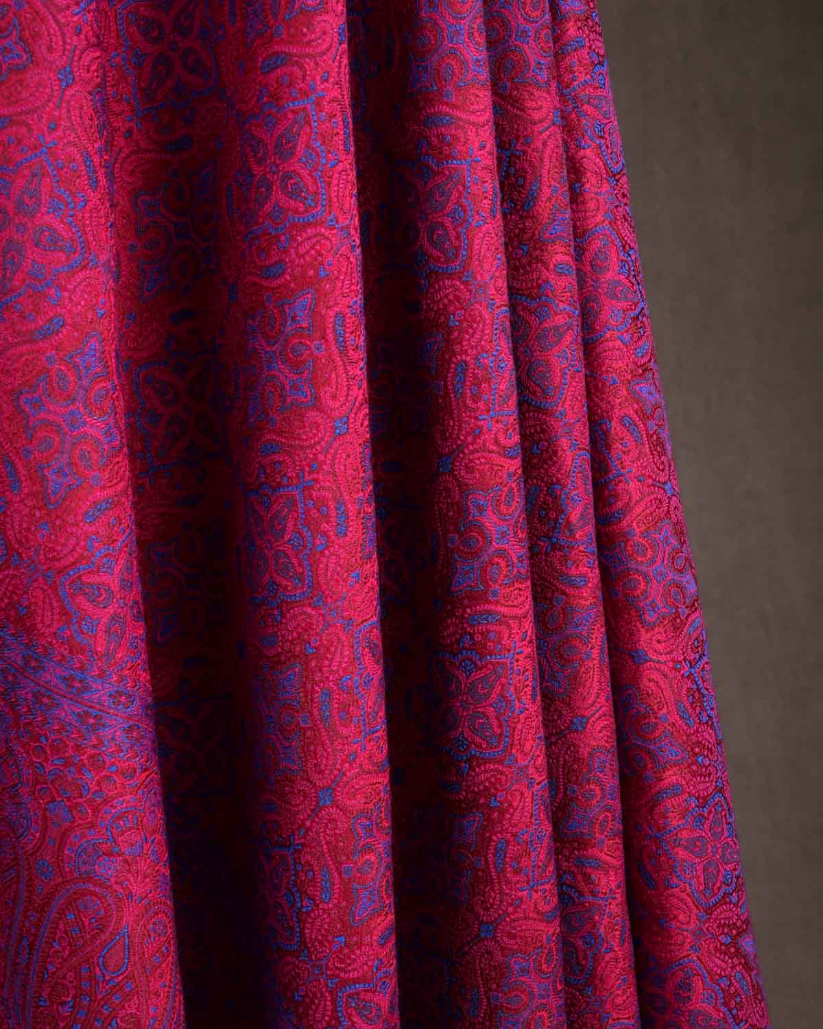 Blue On Maroon Tehra Traditional Jamawar Handwoven Silk Wool Unisex Dress Shawl-HolyWeaves