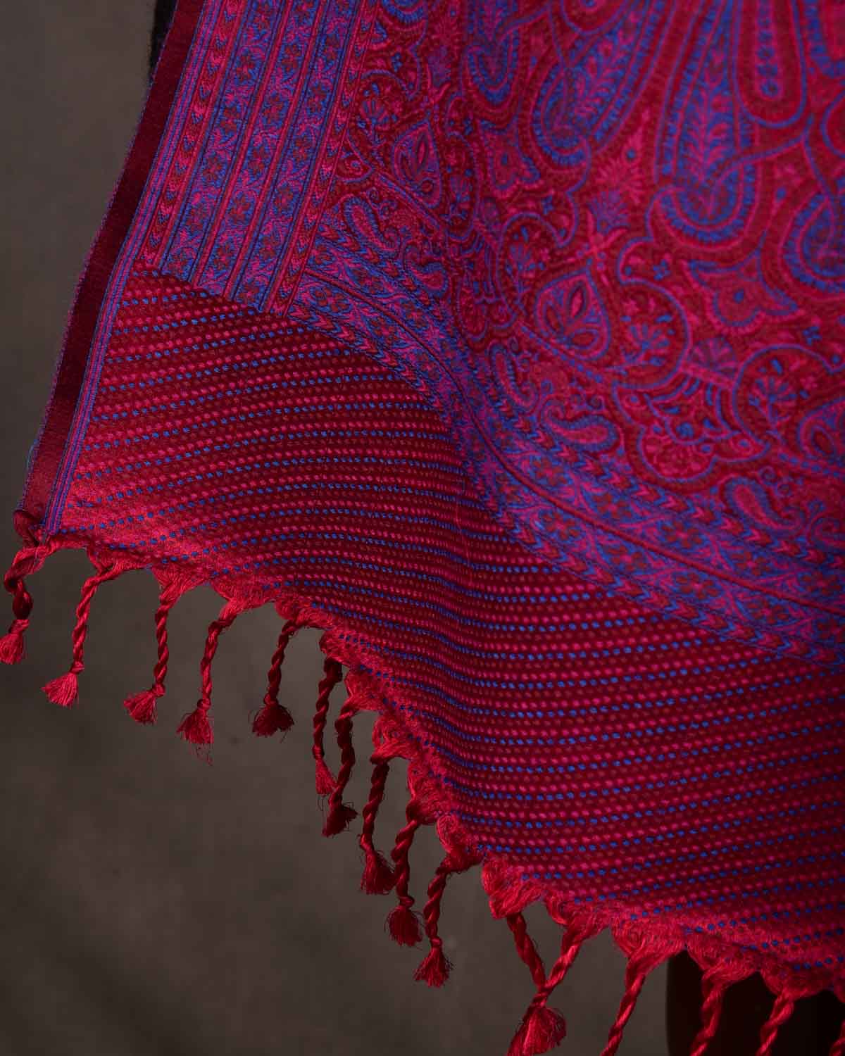 Blue On Maroon Tehra Traditional Jamawar Handwoven Silk Wool Unisex Dress Shawl-HolyWeaves