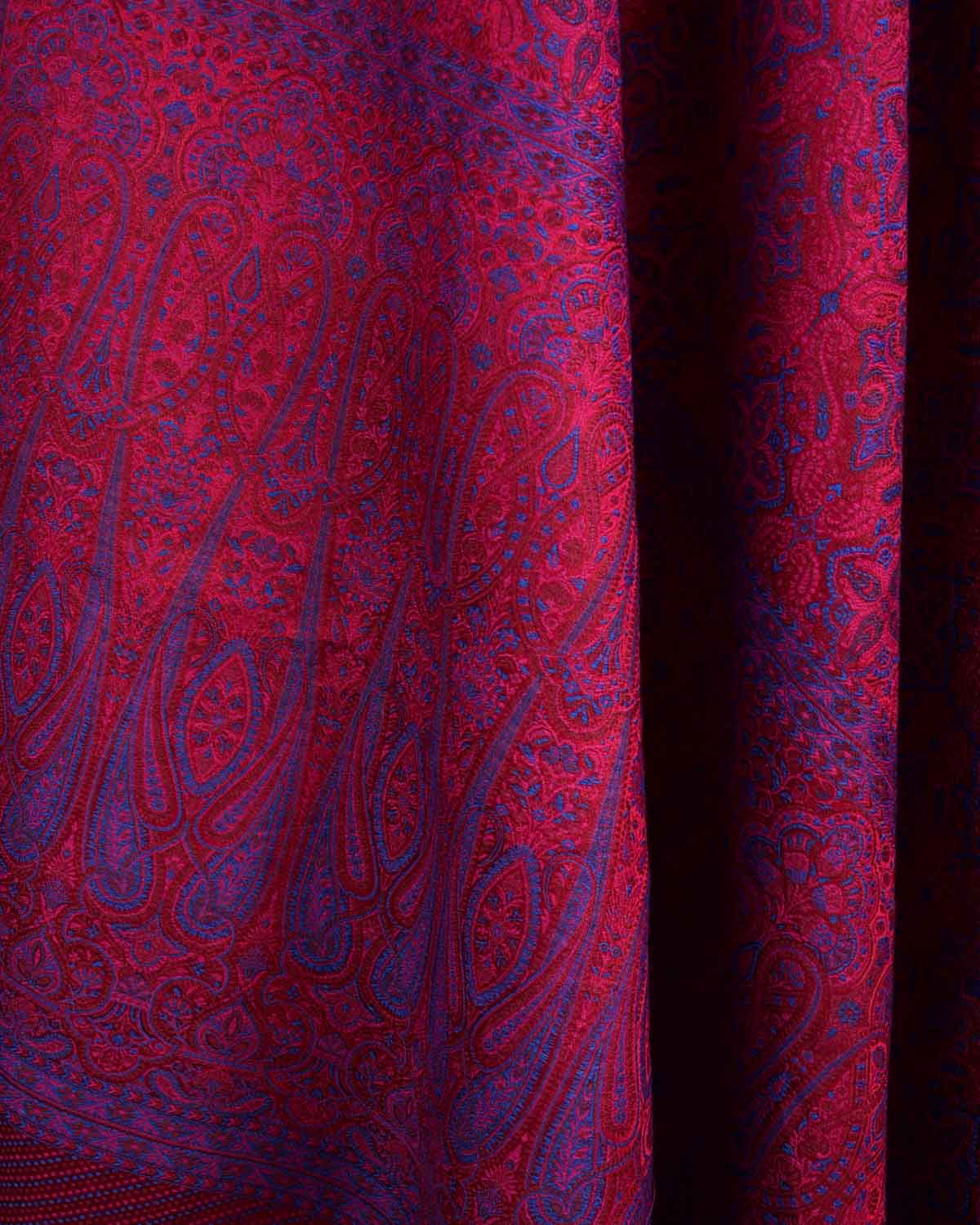 Blue On Maroon Tehra Traditional Jamawar Handwoven Silk Wool Unisex Dress Shawl-HolyWeaves